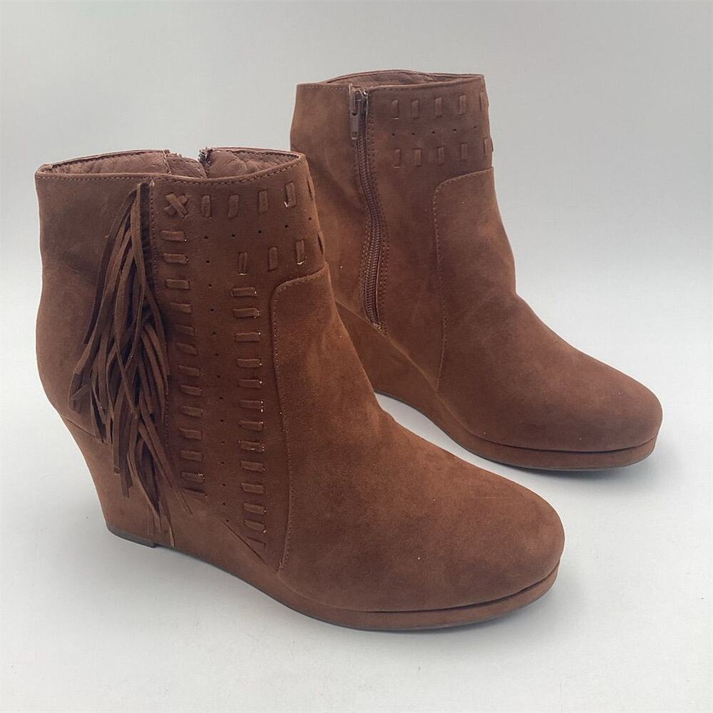 Women's Brown Suede Fringe‎ Wedge Booties Size 11